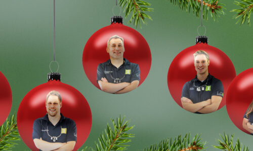 Fünf Weihnachtskugel mit Bildern der LD1-Zahnärzte.