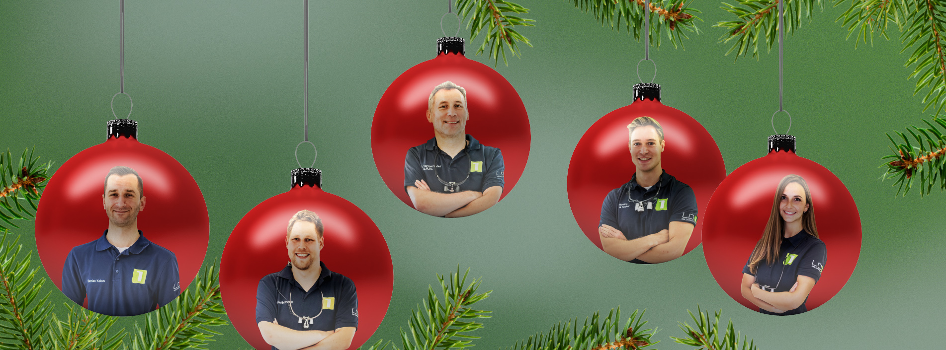 Fünf Weihnachtskugel mit Bildern der LD1-Zahnärzte.