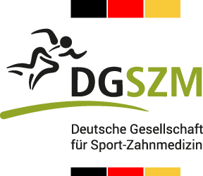 Logo der DGZSZM mit stilisiertem Läufer, grünem Bogen, deutschem Flaggenelement und Text: "Deutsche Gesellschaft für Sport-Zahnmedizin".